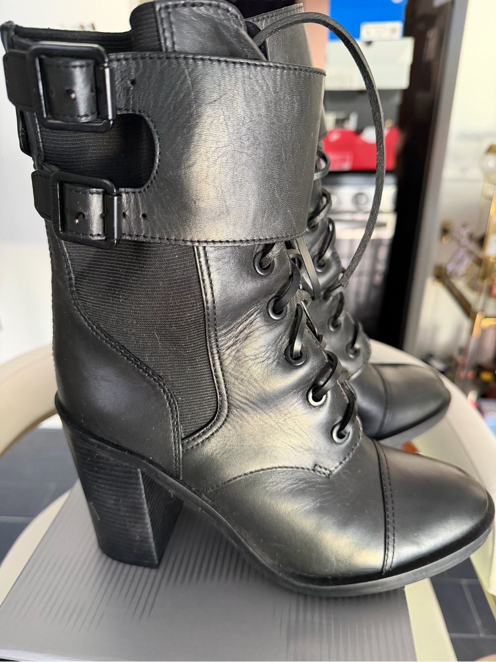 Tory Burch Black Leather Lace-Up Buckle Ankle Boots